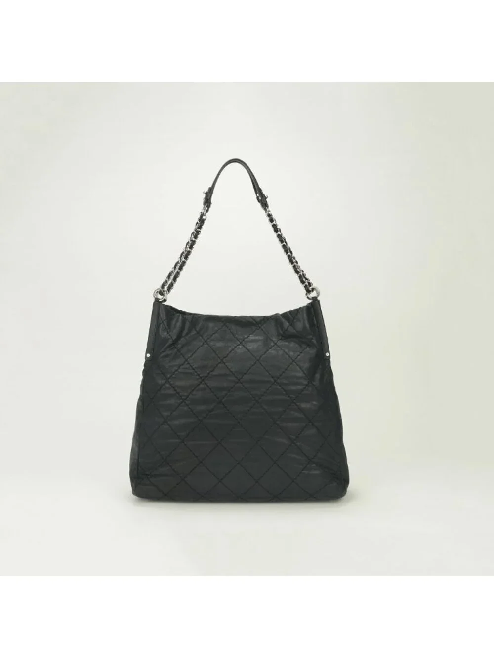 Chanel Quilted Tote Sparkle Leather Black Silver Handbag CC Logo Double Chain